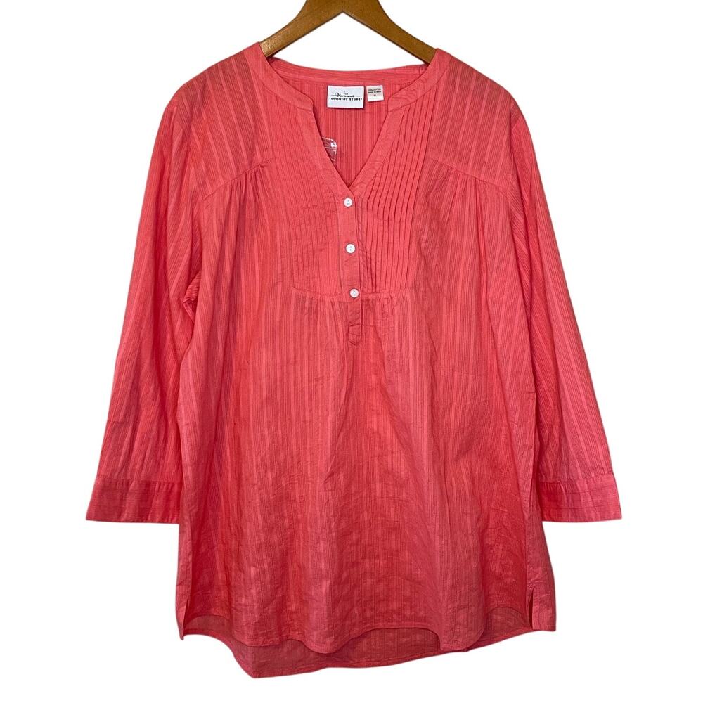 The Vermont Country Store Cottage Core Cotton Roll Tab Sleeve Coral Blouse XL